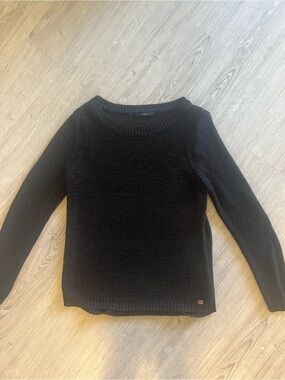 ONLY Womens Black Open Knit Crew Neck Long Sleeve Sweater Size L High Low Hem